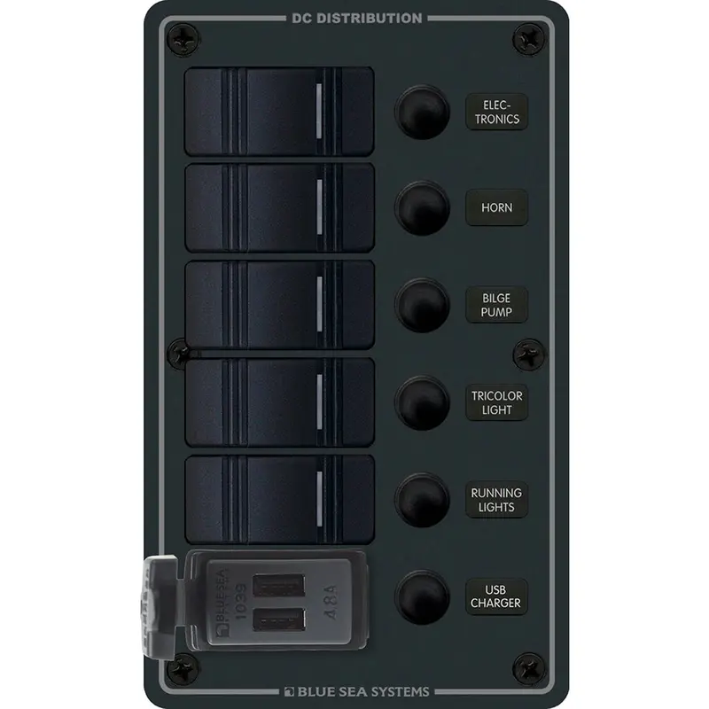 Blue Sea Systems 8521 Contura 5-Switch Panel With Dual Usb Charging Ports – 12V/24V Dc, Matte Black [8521] 1