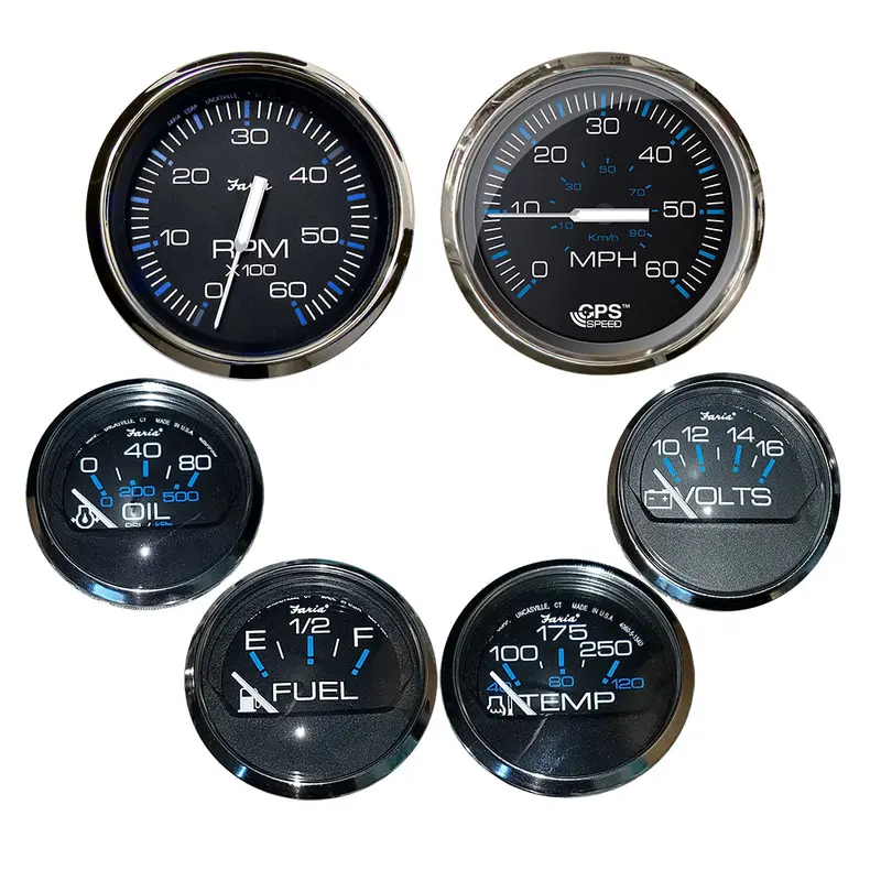 Faria Chesapeake Black Instrument Set – 6-Piece Boxed Kit: Speedometer, Tachometer, Fuel Gauge, Voltmeter, Temp, Oil Pressure (Inboard Use) [Ktf064] 1