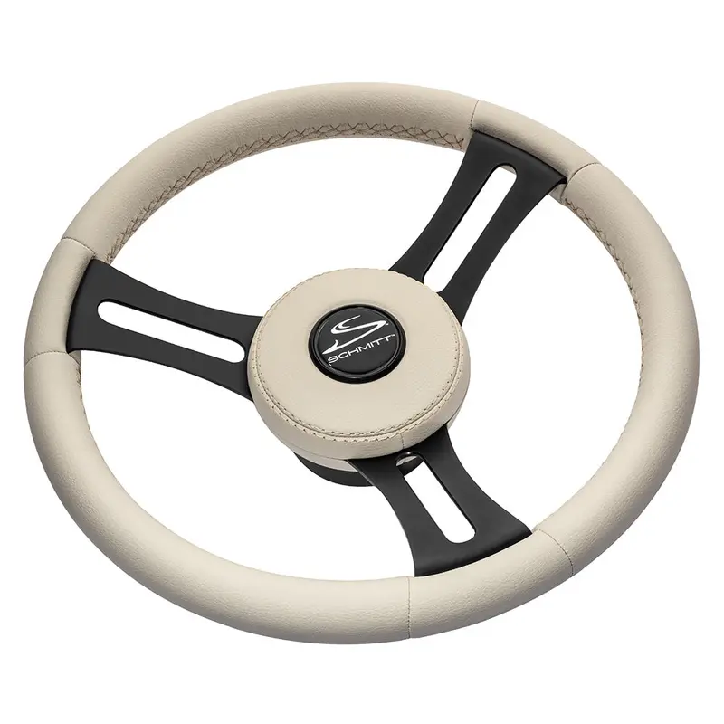 Schmitt Marine Torcello Elite 14-Inch Leather Steering Wheel – Beige Cap, White Stitching, Stainless Spokes 1
