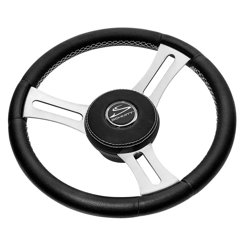 Schmitt Marine Torcello Elite 14-Inch Leather Steering Wheel – Black Cap, White Stitching, Polished Stainless Spokes 1